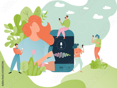 Voice message vector illustration. Cartoon flat tiny people using smartphone, man woman speaker character with microphone recording vocal message conversation, mobile voicemail for friends concept