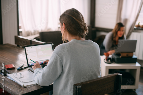 Women work with laptops at home in the living room photo