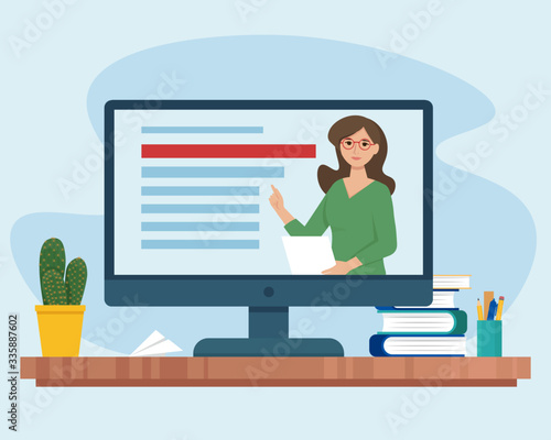 Online education concept, screen with teacher, books and pencils. Student desktop. Study at home. Vector illustration in flat style