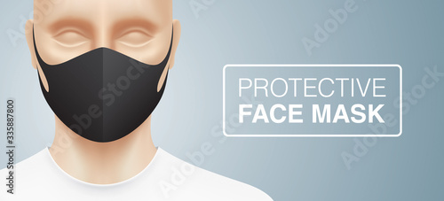 Man with a trendy, black protective face mask, standing on a grey gradient background. Closeup shot of a person, with a virus protection mask on his face. Healthcare banner vector design.