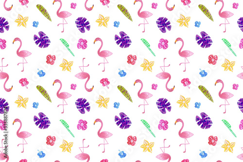 Flamingo and exotic leaves and flowers seamless pattern. Flamingos print with acrylic paint. Tropic summer print for textile, fabric,wrapping,wallpaper,kids fashion