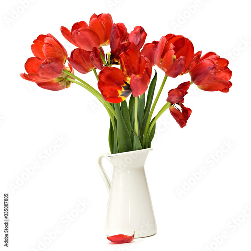 Red tulips bouquet isolated over white