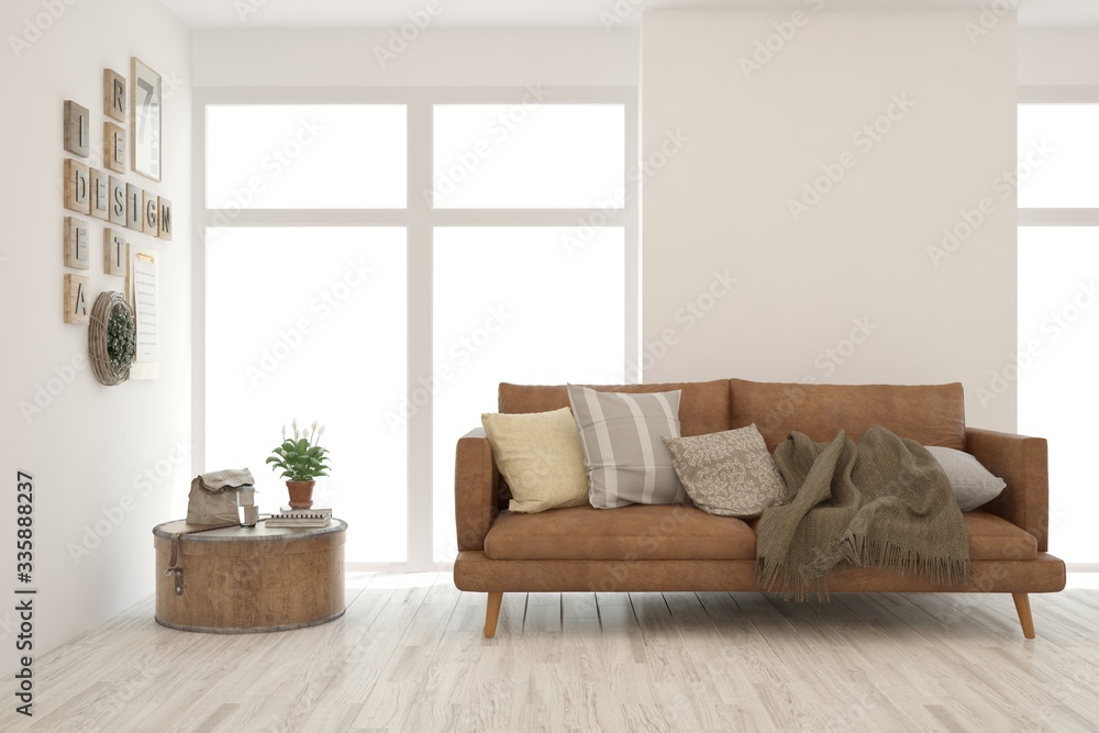 White living room with sofa. Scandinavian interior design. 3D illustration White living room with sofa. Scandinavian interior design. 3D illustration