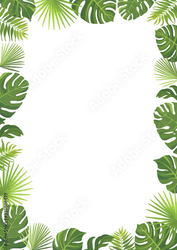 Tropical green leaves frame template. Floral border with place for text. Vector illustration.