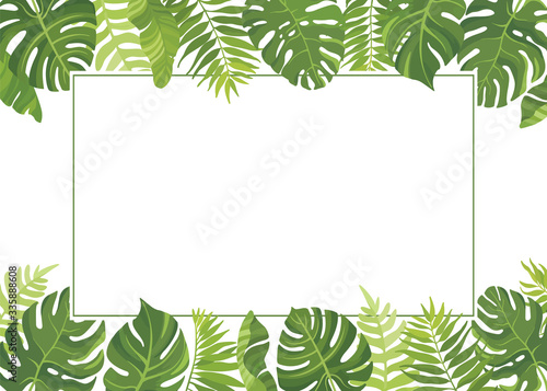 Tropical green leaves frame template. Floral border with place for text. Vector illustration.