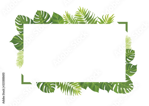 Tropical green leaves frame template. Floral border with place for text. Vector illustration.