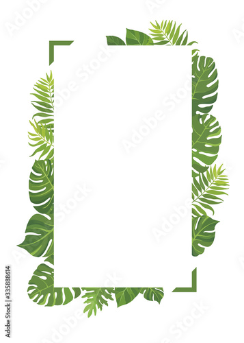 Tropical green leaves frame template. Floral border with place for text. Vector illustration.