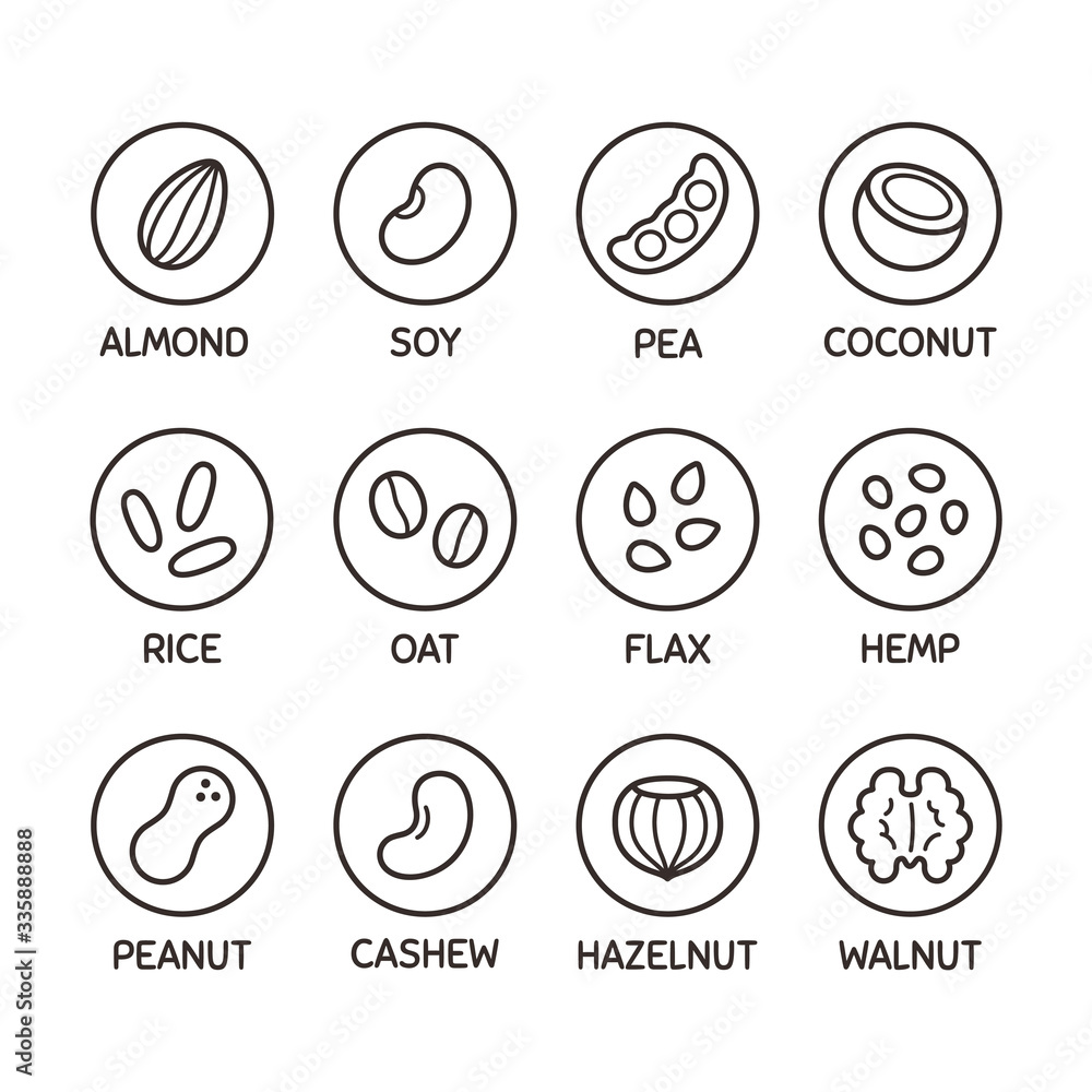 Plant based milk icon set Plant based milk icon set