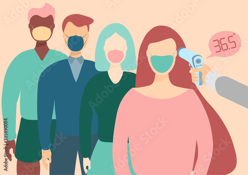 Digital medical infrared thermometer non-contact.For checking the temperature of people to scrub the patient coronavirus.Illustration about temperature checking COVID-19