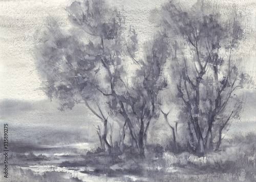 Landscape with trees in grey watercolor background