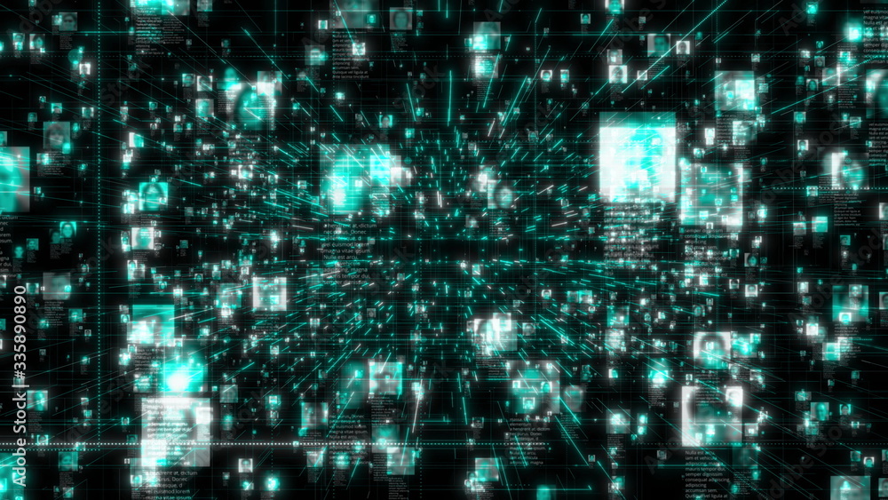 a social network with a stream of neon colored unrecognizable people portraits moving along bright blue network grid and data connections in black cyberspace background, 3d rendering 4K footage