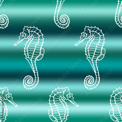 Vector illustration of white seahorse on green gradient sea wave background. Seamless pattern with hand drawn sea dragon