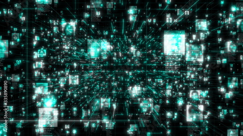 a social network with a stream of neon colored unrecognizable people portraits moving along bright blue network grid and data connections in black cyberspace background  3d rendering 4K footage