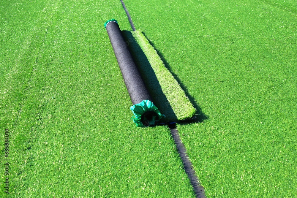 Naklejka premium Artificial turf soccer field construction - Athens, Greece, February 2020.