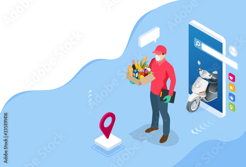Isometric delivery man or courier in a medical mask and gloves delivering food to customer at home. Online purchases during a quarantine. Contactless or to the door delivery.