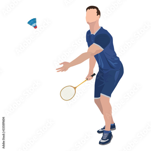 Badminton player with racket and shuttlecock, vector isolated illustration