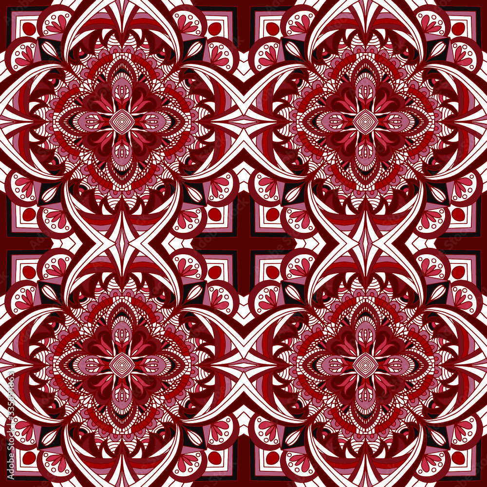 seamless pattern with abstract mandala of red and white colors with ornaments, vector pattern seamless pattern with abstract mandala of red and white colors with ornaments, vector pattern