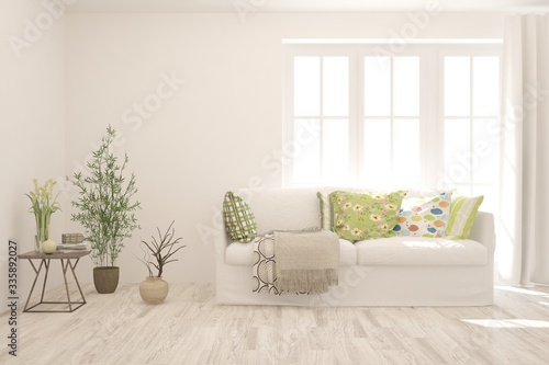 White living room with sofa. Scandinavian interior design. 3D illustration