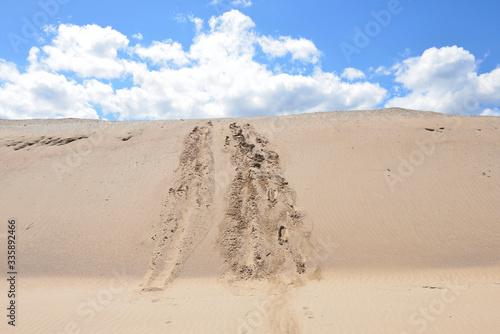 Foot trails climbing a dune and blue sky with white clouds