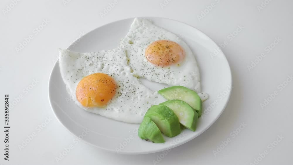 Scrambled eggs for breakfast with avocado. Proper nutrition. Natural protein Scrambled eggs for breakfast with avocado. Proper nutrition. Natural protein