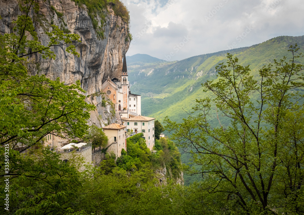 Madonna della Corona church on the rock, sanctuary in Trentino region of Italy