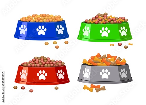 vector dog bowl with dog footprints and dog food