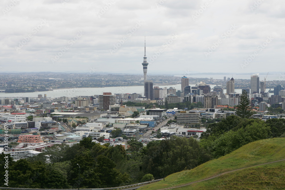 Auckland New Zealand Skyline From above city cloudy day