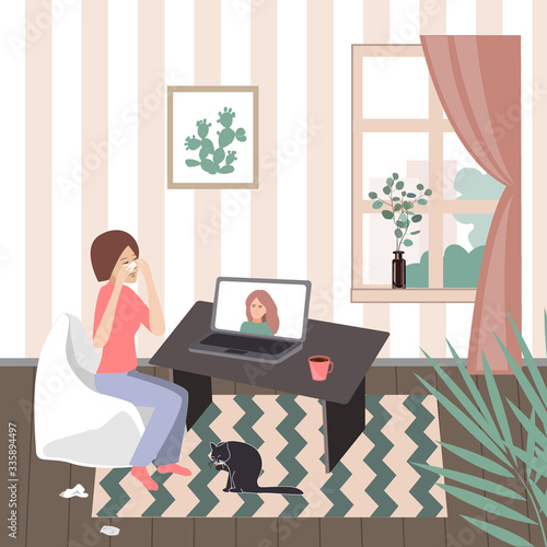 Crying woman seating at her desk in front of her laptop having an online call with her therapist. Vector illustration