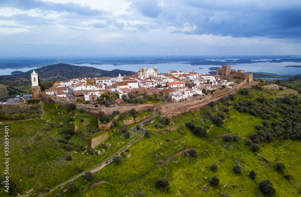 Monsaraz drone aerial view in Alentejo at sunset, in Portugal