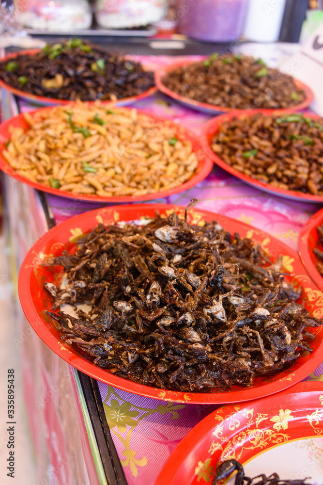 Bowls of deep fried insect grubs and frogs for sale at a Thai street food market stall, Phuket, Thailand Bowls of deep fried insect grubs and frogs for sale at a Thai street food market stall, Phuket, Thailand