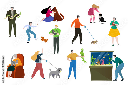 People pet owner vector illustration. Cartoon flat happy woman man character have fun with cat or dog, playing with own animal. Funny snake, parrot, fish, rabbit friend, love pet isolated on white