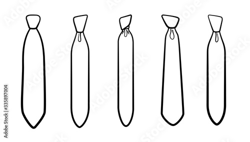 Five outline style neckties with different knots set on white background
