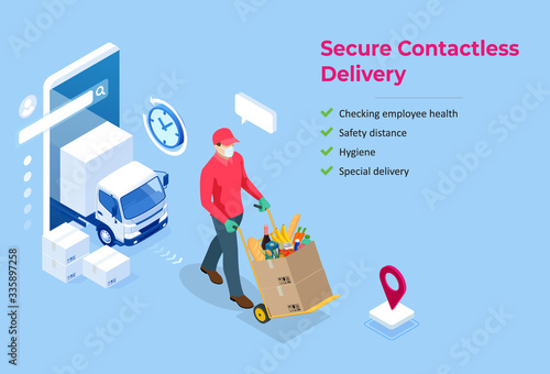 Isometric delivery man or courier in a medical mask and gloves delivering food to customer at home. Online purchases during a quarantine. Contactless or to the door delivery.