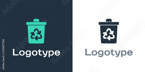 Logotype Recycle bin with recycle symbol icon isolated on white background. Trash can icon. Garbage bin sign. Recycle basket sign. Logo design template element. Vector Illustration