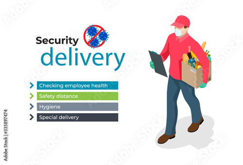 Isometric delivery man or courier in a medical mask and gloves delivering food to customer at home. Online purchases during a quarantine. Contactless or to the door delivery.