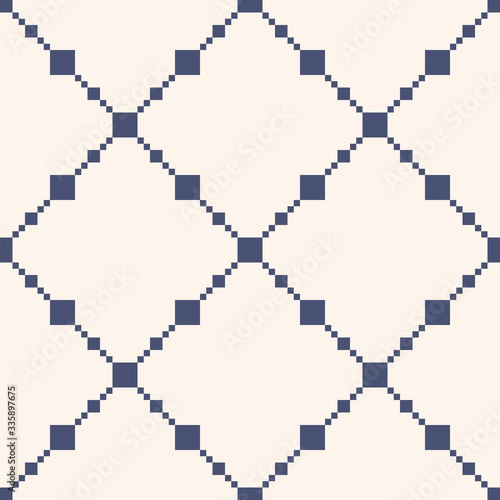 Vector minimalist geometric seamless pattern. Simple texture with grid, net, mesh, lattice, squares, rhombuses, repeat tiles. Abstract dark blue and white background. Modern minimal repeatable design