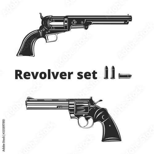 Vintage magnum revolver set of two. Retro handgun vector illusatration