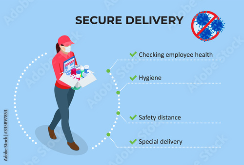 Isometric delivery woman or courier in a medical mask and gloves delivering food to customer at home. Online purchases during a quarantine. Contactless or to the door delivery.