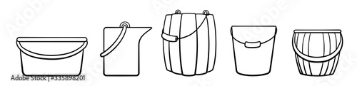 Outline style buckets for cleaning, bathhouse and gardening set on white backgound