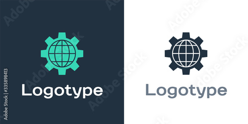 Logotype Globe of the Earth and gear or cog icon isolated on white background. Setting parameters. Global Options. Logo design template element. Vector Illustration