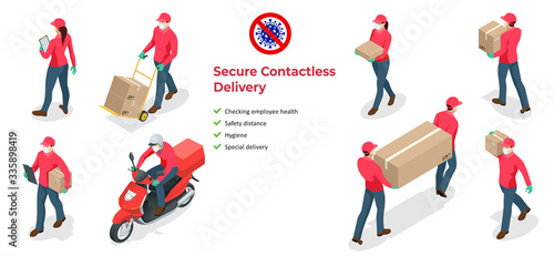 Isometric icons of delivery man and woman or courier in a medical mask and gloves delivering food to customer at home. Online purchases during a quarantine. Contactless or to the door delivery.