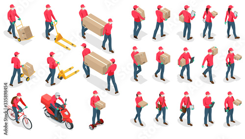 Isometric icons of delivery man and woman or courier in a medical mask and gloves delivering food to customer at home. Online purchases during a quarantine. Contactless or to the door delivery.
