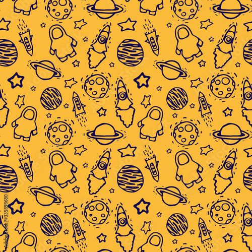 Vector seamless pattern with space elements on the yellow background. Planets, stars, rockets, austronaut. Cartoon doodle style. Handraw. For textile design, children's room, wallpapper.
