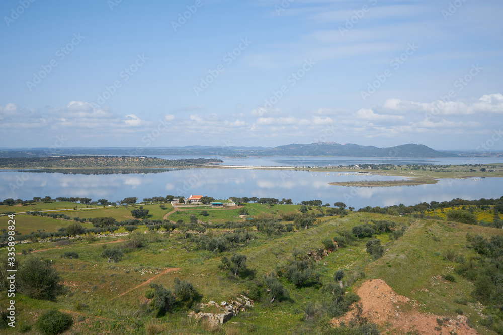 Lake water reservoir of Alqueva Dam landscape from Mourao castle in Alentejo, Portugal