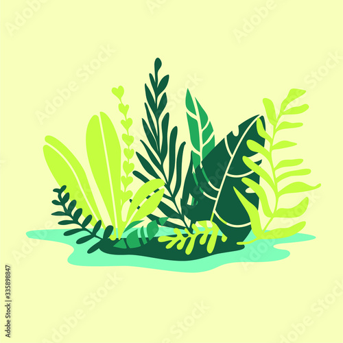Vector flat illustration with green tropical leaves. Cartoon handraw flat style. All elements are isolated. For flat design, poster, web banners, book illustration, cover, postcard. Exotic flora.