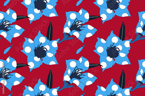Retro - modern flowers and circle shape seamless pattern design, flat mono red and blue colour, nostalgic, minimal feelings.