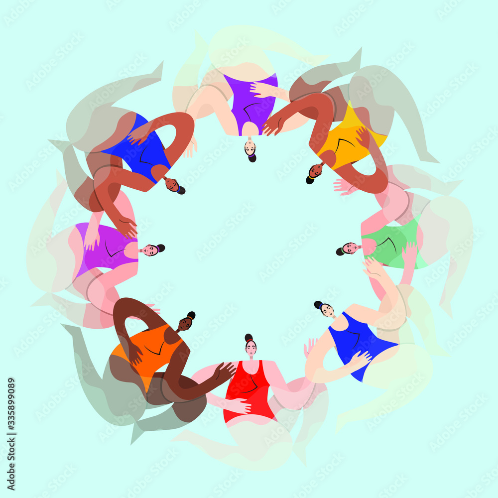 Group of female athletes. Synchronized swimming and water aerobics. Vector illustration. Hand drawn. T- shirt print design. Athlete in sportive outfit.