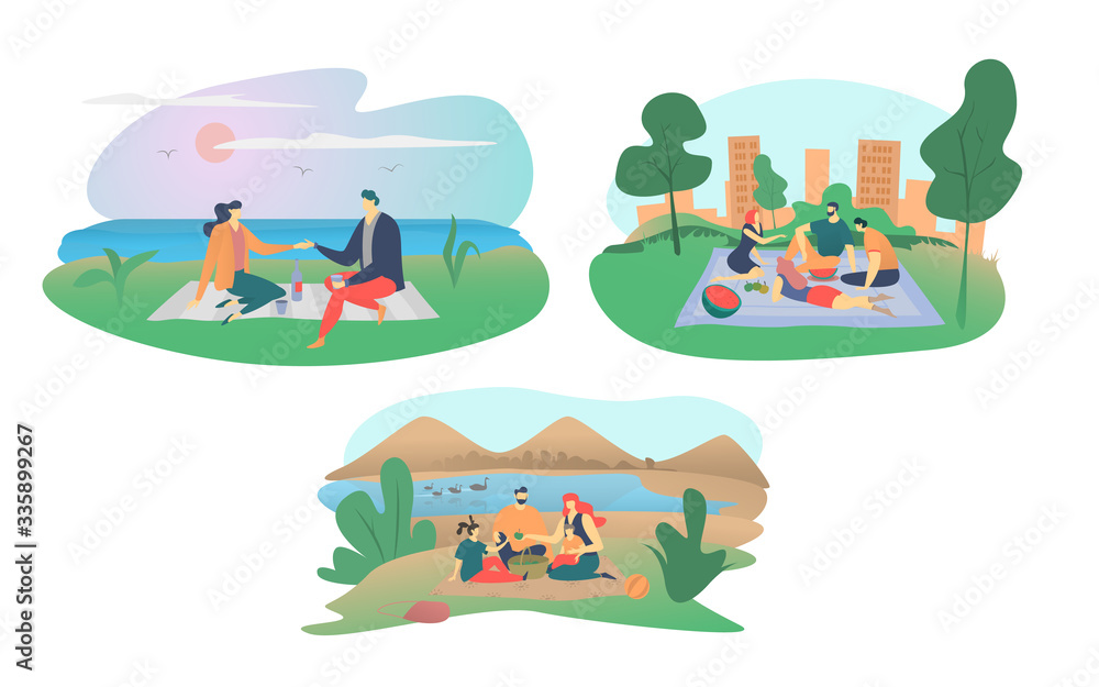 Obraz premium Cartoon people on picnic vector illustration. Flat family characters, happy man woman couple or friends have fun, eat food on outdoor summer park picnic party. Weekend in nature set isolated on white