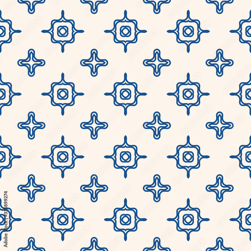 Vector geometric seamless pattern with wavy shapes, curved lines, crosses. Simple abstract texture in blue and white color. Repeat minimal ornament. Stylish modern design for decor, tileable print Vector geometric seamless pattern with wavy shapes, curved lines, crosses. Simple abstract texture in blue and white color. Repeat minimal ornament. Stylish modern design for decor, tileable print