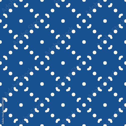 Simple minimalist vector seamless pattern. Abstract blue geometric texture. Subtle minimal background with small floral shapes, diamonds, arrows, dots, grid. Repeat design for decor, print, wallpaper